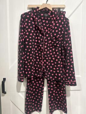 Kate Spade New York Black and Pink Heart Print Pajama Set, Size L